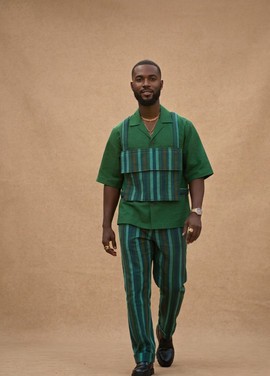 Emerald Striped Utility Short-sleeved Shirt &amp; Trousers Men’s Two-Piece Set-Wedding/ceremony