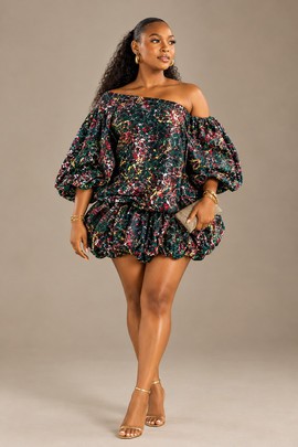 Women’s Multicolor Abstract Print Off-Shoulder Bubble Mini Dress with Puff Sleeves