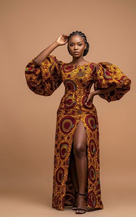 Ankara Statement-Sleeve Gown with High Slit|Wedding guest attire|Maternity styling