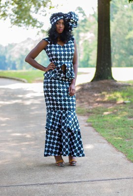 Three Piece Black and White Polka dots Print Cotton Mermaid Skirt and Peplum Blouse