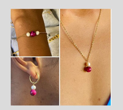 Parures Perle ,œil de tigre rose 💖 Colier,bracelet et boucles d'oreilles/pierre naturelle/Madagascar
