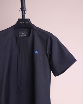 A charcoal black &amp; admiral blue pencil stripe, short sleeve African senator kaftan native.