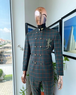 A phthalo green &amp; clay orange windowpane check “preacher” double breasted safari suit
