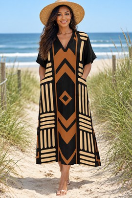 Afro Print Pattern Women's Loose V-Neck Midi Dress | African-Inspired Fashion | Bynelo