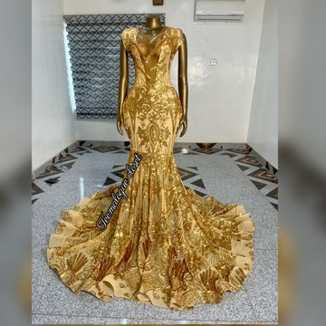 Gold external sequins lace wedding reception prom dress