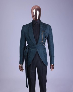A phythalo green, floral patterned shawl lapel, single button smoking tuxedo suit with rope &amp; pant
