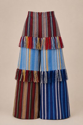 Aso Oke Tiered Fringe Wide-Leg Trousers – Multicolour Striped Statement Pants