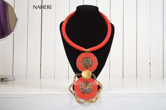African Beaded Red Necklace |  Romantic pendant neck piece | Tiered &amp; Tribal Jewelry
