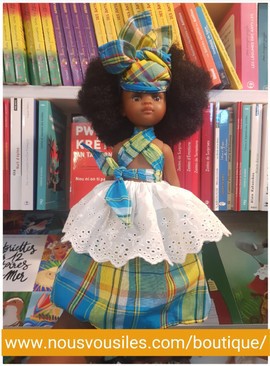 Black doll Imany Colibri Dolls - turquoise madras &amp; creole headdress