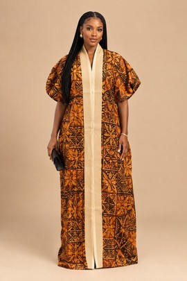 African Ankara Kaftan Dress for Women – Luxury Amber Brown Geometric Print Boubou with Cream Trim