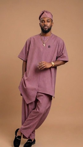 Dusty Rose African Senator Wear – Men's 3-Piece Short-Sleeve Tunic, Trousers, and Matching Cap