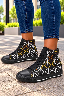 Ankara Hatching Print Women's Classic High Top Canvas Shoes | Ankara Print High Top Sneakers