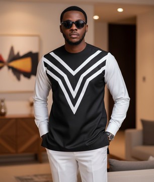 Men's Luxury Black &amp; White Long-Sleeve Kaftan Top