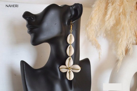 African cowrie shell and brass earrings long
