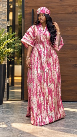 Boubou de luxe rose en brocart pour femme