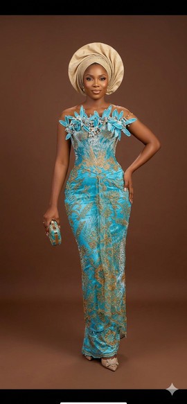 Turquoise and Gold Embroidered Lace Gown with 3D Leaf Appliqués