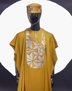 A Medallion yellow agbada, sun set in the east embroidery detailing Agbada