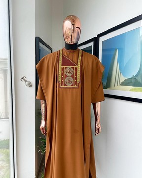 A Tawny brown, Medusa Head embroidery detailing, 3/4 sleeve traditional senator kaftan native