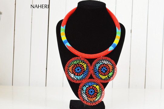 African Maasai Beaded Red Necklace | Zulu Beaded Necklace | Tiered &amp; Tribal