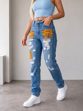 Distressed Denim Jeans with Authentic Kente Cloth Patches