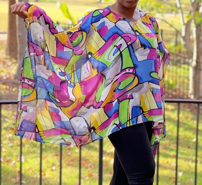 Multicolor Geometric Print Colorful Sheer Chiffon Kaftan Top