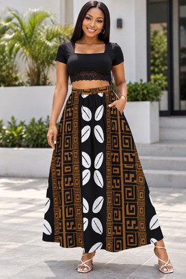 Jupes maxi en mousseline avec doublure pour femme à imprimé audacieux de cauris africains