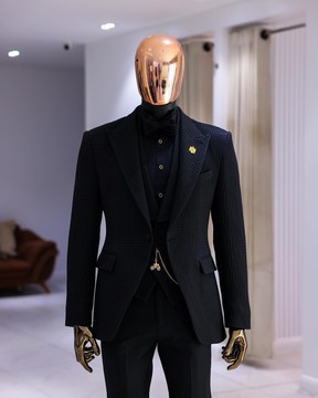 A Charcoal Black, peak lapel, stuffed/slanted Square Patterned jacquard jacket