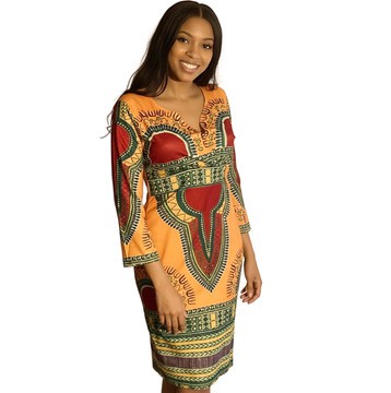 Orange Gold African Dashiki Midi Bodycon Dress – V-Neck Long Sleeve Print