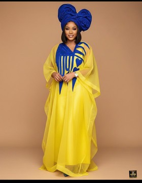 Boubou royal en organza jaune safran et canari avec foulard assorti