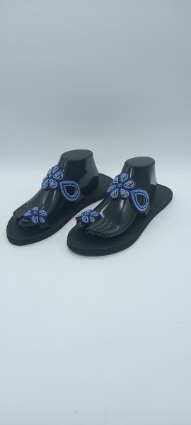 Handmade African Sandals, Black Beaded Leather Slides, Women Summer Sandals