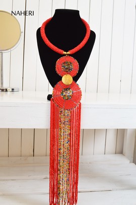 African Beaded Red Necklace |  Romantic neck piece | Tiered &amp; Tribal