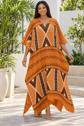 Robe midi à col en V et manches courtes pour femme en imprimé africain | Robe midi en imprimé africain | Bynelo