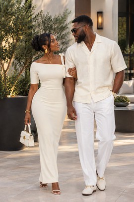 Couple's Matching Ivory Outfit Set – Women's Midi Dress &amp; Men's Linen Shirt &amp; Trouser Set