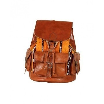 BIG SALE! Genuine Leather Backpack with Red Kilim Handmade by Cuiroma Craftsmen in Morocco