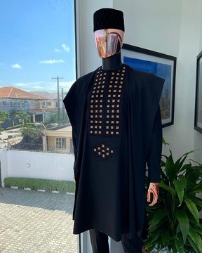 A charcoal black, connected square embroidery design Agbada