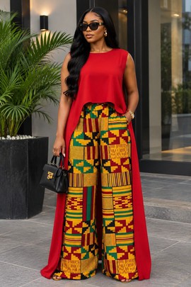 Women's Red High-Low Top &amp; Kente Ankara Wide Leg Trousers Set