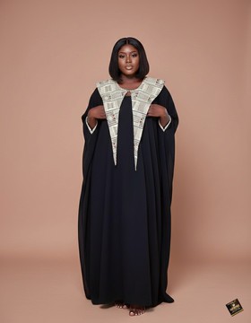 Black Boubou with Geometric Pattern Overlay