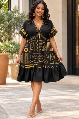 Robe kimono à col V et manches courtes en mudcloth afrocentrique pour femme | Robe afrocentrique en imprimé africain
