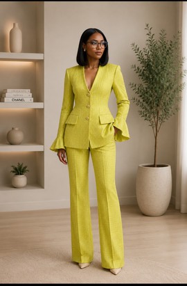 Women's Chartreuse Yellow Tweed Blazer &amp; Trouser Suit – V-Neck Flare Sleeve Two-Piece Set