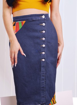 Denim Jean Skirt with Kente Print Patches