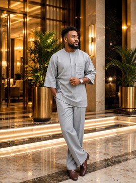 Ensemble kaftan gris pour homme | Vêtements africains de luxe pour homme | Élégante tenue traditionnelle 2 pièces