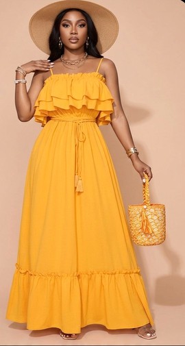 Sunshine Yellow Maxi Dress – Ruffle Layered Sleeveless Summer Gown with Waist Tie