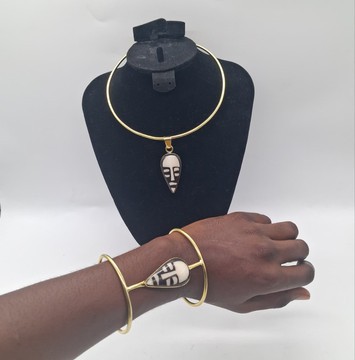 Handmade Brass Choker, African Mask Bone Pendant, Brass Mask Cuff Bracelet Set