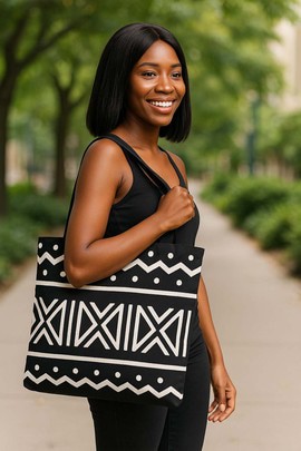 Zigzag Black &amp; White Tote Bag African Print | Ethnic Bohemian Fashion | Large Capacity