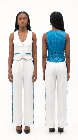 White &amp; Turquoise Handwoven Aso Oke Waistcoat and Trouser Set