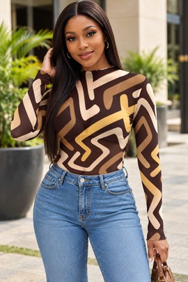 T-shirt à manches longues en maille à motif géométrique Kuba pour femme | Mode à imprimé africain | Bynelo