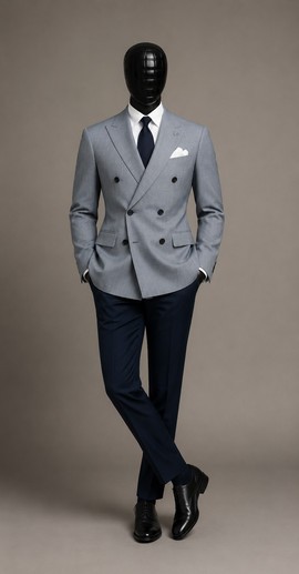 Ensemble de costume croisé bicolore gris et bleu marine pour homme avec chemise et cravate