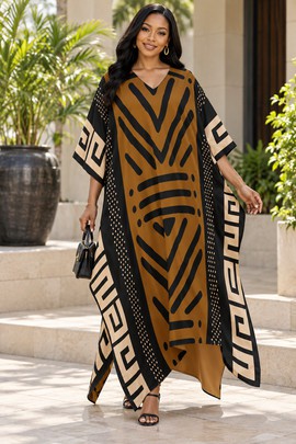 Robe midi à col en V et manches courtes pour femme en imprimé africain | Robe midi en imprimé africain | Bynelo