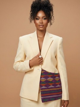 Soft Yellow Tailored Suit with Traditional Kente Flap Detail