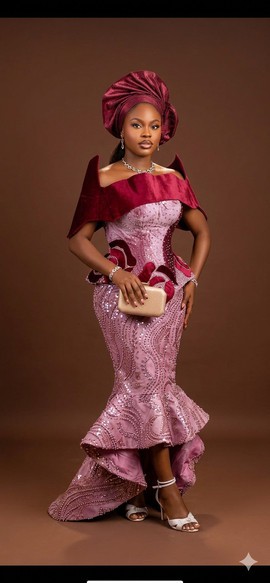 Rose-Pink Beaded Lace Skirt and Blouse with Crimson Velvet Cape
